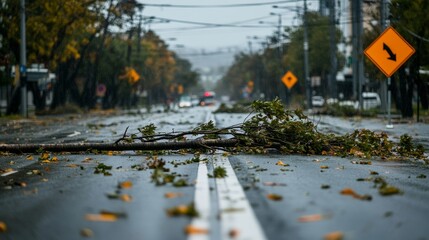 A suburban street with downed power lines and fallen trees after a severe storm