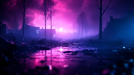 A surreal dystopian scene of a destroyed suburban neighborhood, trees uprooted, rubble strewn everywhere, with neon lighting and dark shadows, in a cyberpunk aesthetic.