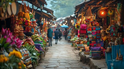 A colorful street market in Asia bustles with woven bags, lanterns, and handcrafts, each stall a...