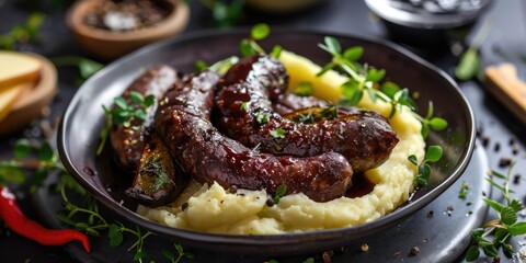 Roasted blood sausage with mashed potatoes and apple puree