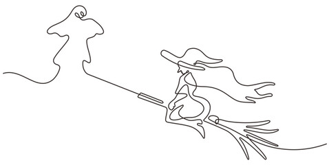 Fototapeta premium Happy Halloween trick or treat vector banner, broom, witch hat and ghost. Continuous single line drawing background, banner, illustration