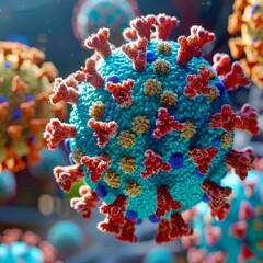 Fototapeta premium This detailed 3D rendering showcases a virus model with a vibrant blue and green surface, prominent red spikes, and a spherical shape, observed under a magnified view through a microscope.