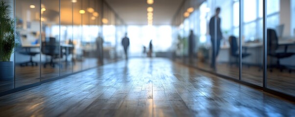 Modern office hallway with glass walls, wooden flooring, and plants, with blurred figures of people in the background symbolizing a dynamic work environment