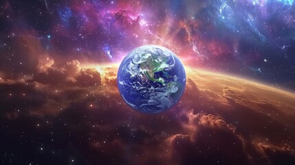 Obraz premium The image shows the planet Earth in the middle of a colorful nebula with stars in space. The image is suitable for use as a background for websites, presentations, or social media posts.