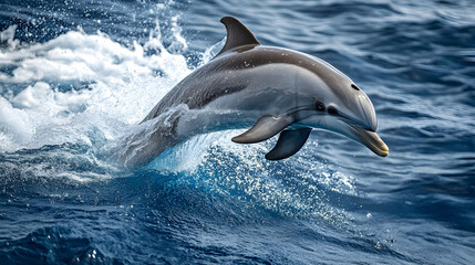Fototapeta premium Energetic Dolphin Leaping Out of Turquoise Ocean Waves