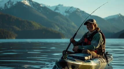 Young woman fly fishing from kayak on scenic mountain lake