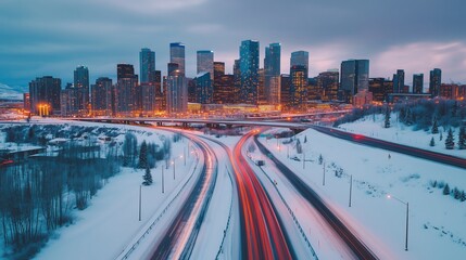 Fototapeta premium Winter twilight view of a bustling city skyline with snowy foreground and illuminated highways during dusk