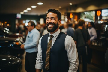 Fototapeta premium A diverse group of professionals at a networking event. A young man in a vest and tie smiles while engaging in conversation. Other professionals are seen networking in the background.