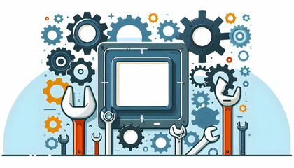 Fototapeta premium Flat Border Frame with Gear and Wrench for Maintenance and Copy Space Concept - A border frame designed with a gear and wrench representing Maintenance. The elements frame a generous copy space ideal 