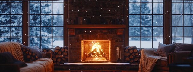 Cozy winter evening by the fireplace in a warm living room surrounded by snow-covered trees outside