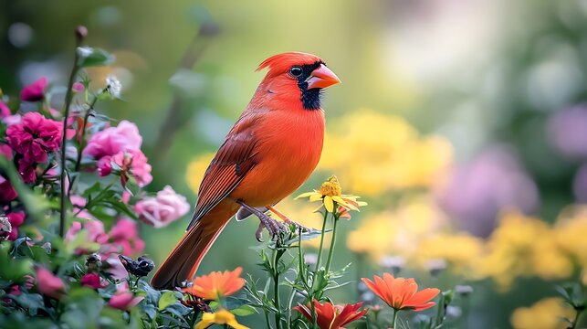 A male Northern Cardinal perches delicately among flowers in a garden, its bright red plumage striking against the soft colors of the blooms.