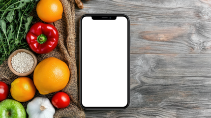 Smartphone on wooden table surrounded by fresh ingredients