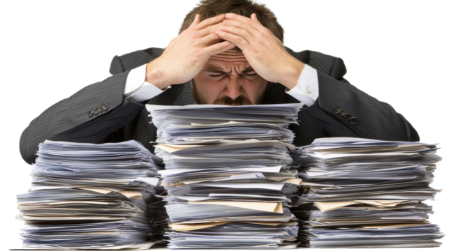 Frustrated businessman overwhelmed by paperwork at his desk