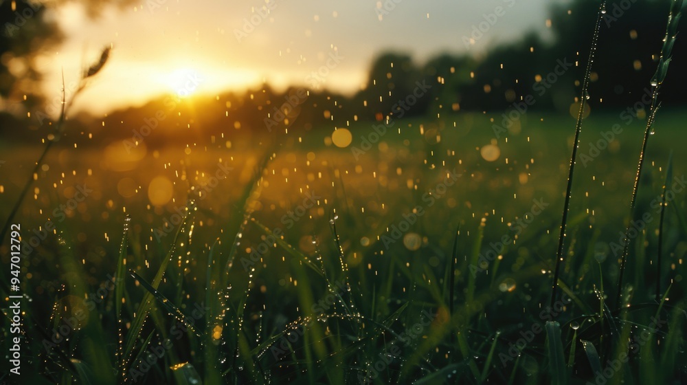 Aufkleber a peaceful scene of a field with tall grass and water droplets on the surface, captured during a bea