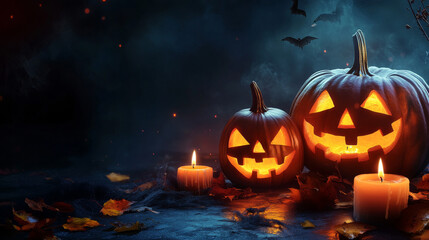 Spooky carved pumpkins with glowing candles, placed against a dark background.