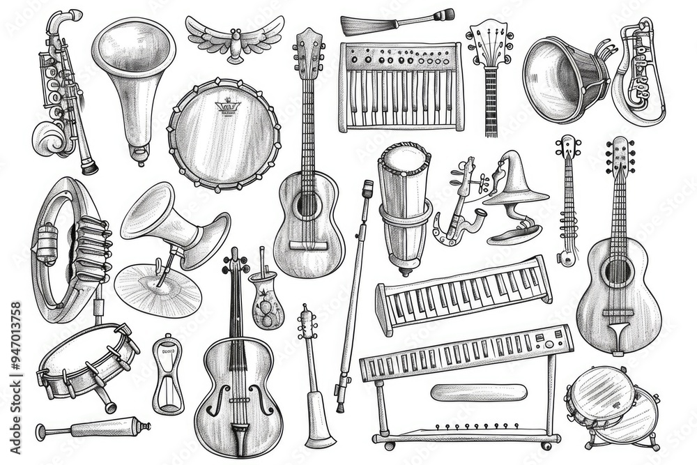 Aufkleber A collection of various music instruments on display