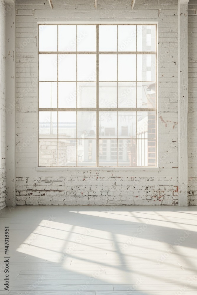 Poster A skateboard sits alone in an empty room with a large window