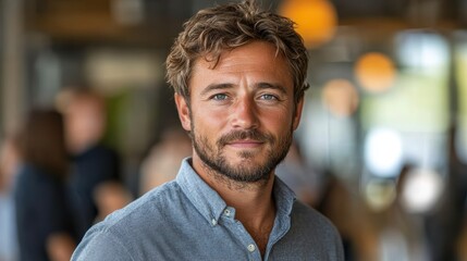 Fototapeta premium A man with a neatly trimmed beard and tousled hair, wearing a casual grey shirt, standing in a brightly lit indoor setting with blurred background elements displaying slight motion