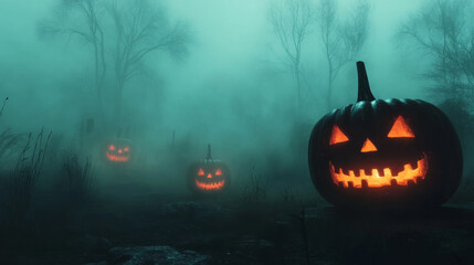 Naklejka premium Jack-o'-lanterns glow ominously in a fog-shrouded forest, with dark trees creating a chilling, eerie Halloween atmosphere.