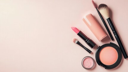 A stylish display of lipstick, makeup brushes, and powder showcases a modern minimalist aesthetic for beauty lovers. Generative AI