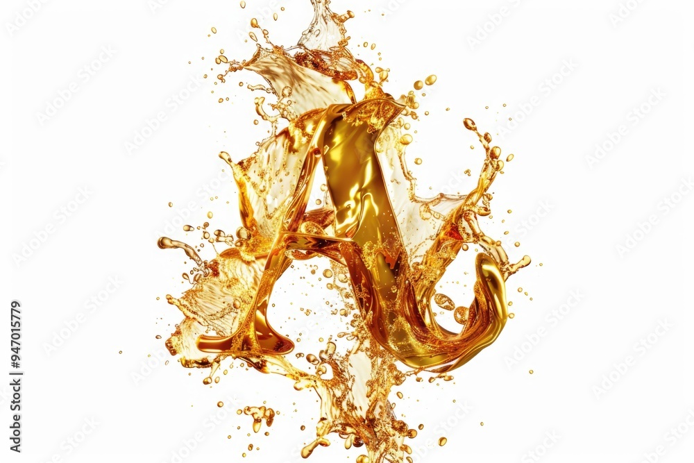 Poster a golden letter with a splash of liquid on top, simple and elegant design