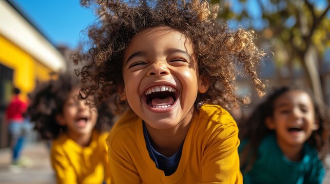 Happy Little Girl with Curly Hair Laughing Outdoors