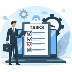 Flat Vector of Isolated Laptop and Checklist with Tasks Concept on White Background - Importance of Task Management in Operational Roles | Simple Illustration with Smart Business Tone