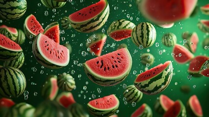 Flying watermelon in vibrant background, showcasing berries levitating