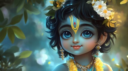 Little Krishna's Enchanting Gaze: A captivating digital art piece depicting a youthful Lord Krishna with mesmerizing blue eyes, adorned with flowers and traditional ornaments, amidst a mystical forest