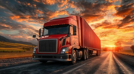 A vibrant red semi-truck driving through an expansive rural landscape on an open road at sunset, under a stunning sky with dramatic clouds