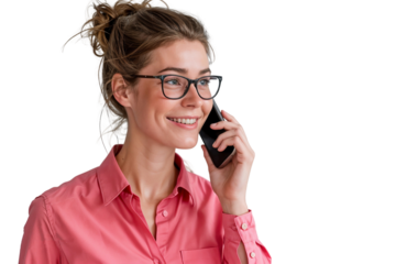 Portrait of a smiling businesswoman talking on the phone, isolated on transparent background