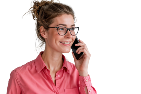 Portrait of a smiling businesswoman talking on the phone, isolated on transparent background