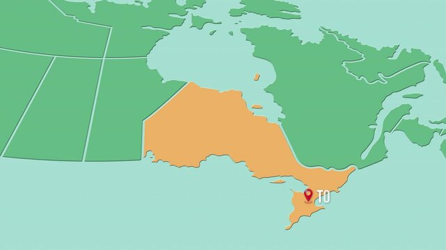 Mapa de Canad&aacute; con divisi&oacute;n pol&iacute;tica resaltando el territorio de Ontario con la capital Toronto.