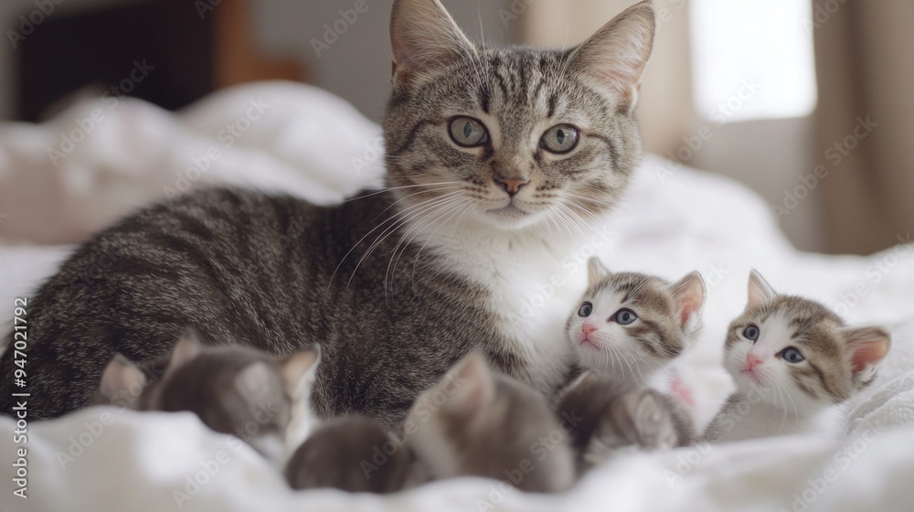 Wall mural Mother Cat Surrounded by Her Kittens on a Bed