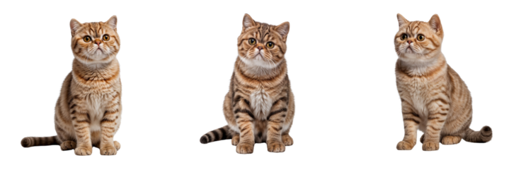 Three funny shorthair cats sitting, isolated on transparent background, cut out