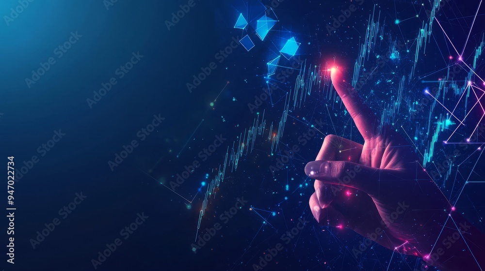 Wall mural Abstract close-up of hand pointing at glowing business chart consisting of arrows up on dark blue technology background background. Futuristic low poly wireframe vector stock, market, trade concept 