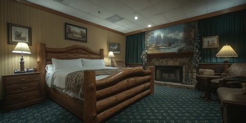 Fototapeta premium A cozy and rustic bedroom featuring a large wooden bed, a fireplace with a stone mantel, and vintage decor including framed paintings and traditional lamps