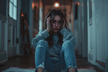 Fototapeta premium Intense struggle - depiction of person in suffering from panic attack, illustrating psychological disorder, vegetovascular dystonia, capturing profound impact of disease on mental and physical health.