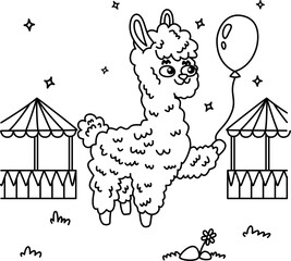 Obraz premium Drawing outline of a llama holding a balloon at a fair.eps