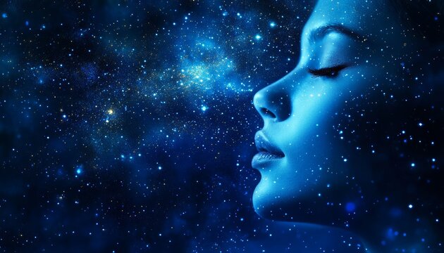 Beautiful virgo constellation as a woman against a blue starry sky  astrology concept