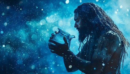 Astrological imagery  blue starry sky with aquarius symbol depicted as a strong man pouring water
