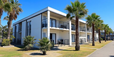 Modern dual-level residences with a sleek architectural design, featuring outdoor balconies and surrounded by palm trees in a suburban development on a sunny day