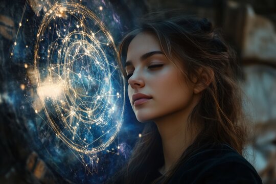 Mystical young astrologer surrounded by enchanting zodiac symbols, offering horoscope predictions