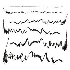 Hand drawn wave lines. Abstract black scribbles. Rough irregular patterns. Simple vector set.