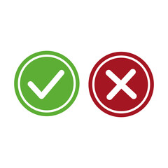Checkmark icon. Red cross symbol. Circle shape graphic. Approval and rejection signs.