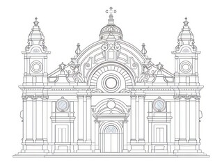Line drawing of a historical church facade.