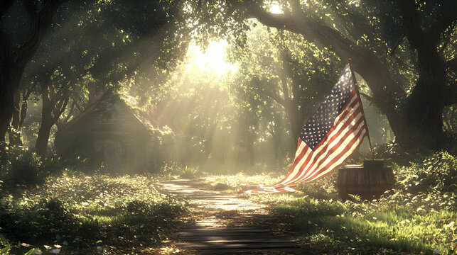 American Flag in a Sunlit Forest Path