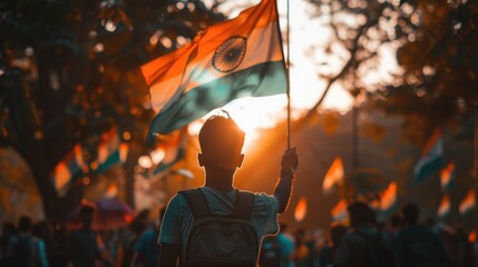A person holds an Indian flag in front of a crowd, a patriotic moment
