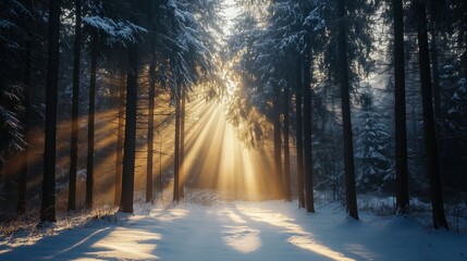 Fototapeta premium Sunlight filters through snow-covered trees in a serene winter forest during early morning hours