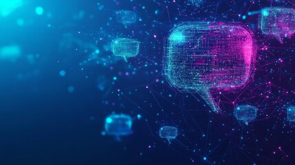 Abstract digital AI chat light blue background. Chatbot concept. GPT or Artificial Intelligence concept. Technology futuristic electric blue bg with neon abstract elements. Vector illustration. 